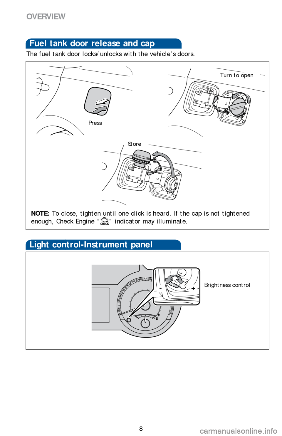 TOYOTA AVALON 2014 XX40 / 4.G Quick Reference Guide 8
Fuel tank door release and cap
NOTE: To close, tighten until one click is heard. If the cap is not tightened
enough, Check Engine “
” indicator may illuminate.
Press
Turn to open
Store
Light co TOYOTA AVALON 2014 XX40 / 4.G Quick Reference Guide 8
Fuel tank door release and cap
NOTE: To close, tighten until one click is heard. If the cap is not tightened
enough, Check Engine “
” indicator may illuminate.
Press
Turn to open
Store
Light co