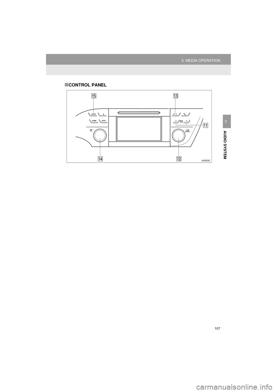 TOYOTA AVALON 2015 XX40 / 4.G Navigation Manual 107
3. MEDIA OPERATION
AVA L O N _ N a v i _ U
AUDIO SYSTEM
3
■CONTROL PANEL 