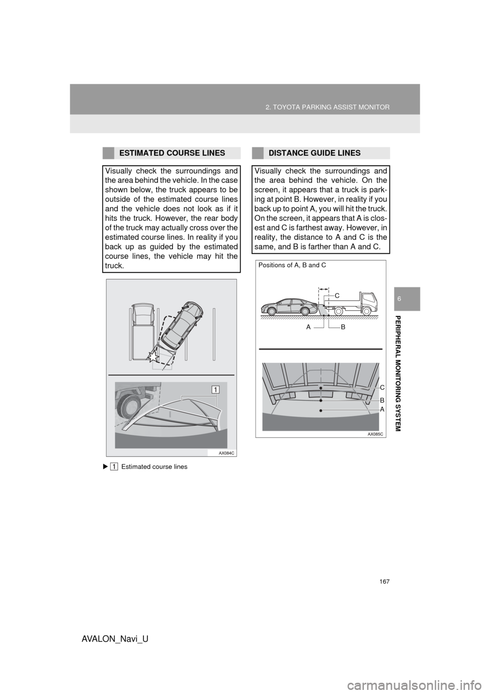 TOYOTA AVALON 2015 XX40 / 4.G Navigation Manual 167
2. TOYOTA PARKING ASSIST MONITOR
AVA L O N _ N a v i _ U
PERIPHERAL MONITORING SYSTEM
6
 Estimated course lines
ESTIMATED COURSE LINES
Visually check the surroundings and
the area behind the ve
