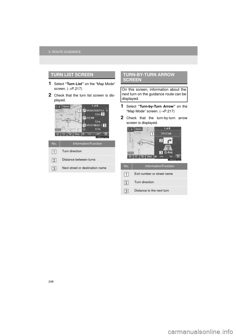 TOYOTA AVALON 2015 XX40 / 4.G Navigation Manual 248
3. ROUTE GUIDANCE
AVA L O N _ N a v i _ U
1Select “Turn List” on the “Map Mode”
screen. ( P.217)
2Check that the turn list screen is dis-
played.
1Select “Turn-by-Turn Arrow” on t TOYOTA AVALON 2015 XX40 / 4.G Navigation Manual 248
3. ROUTE GUIDANCE
AVA L O N _ N a v i _ U
1Select “Turn List” on the “Map Mode”
screen. ( P.217)
2Check that the turn list screen is dis-
played.
1Select “Turn-by-Turn Arrow” on t