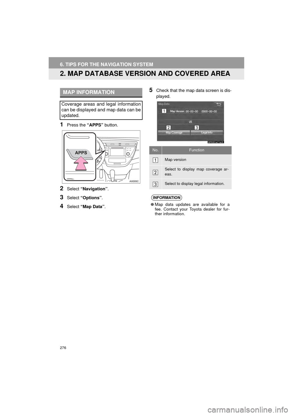 TOYOTA AVALON 2015 XX40 / 4.G Navigation Manual 276
6. TIPS FOR THE NAVIGATION SYSTEM
AVA L O N _ N a v i _ U
2. MAP DATABASE VERSION AND COVERED AREA
1Press the “APPS” button.
2Select “Navigation” .
3Select “Options”.
4Select “Map Da TOYOTA AVALON 2015 XX40 / 4.G Navigation Manual 276
6. TIPS FOR THE NAVIGATION SYSTEM
AVA L O N _ N a v i _ U
2. MAP DATABASE VERSION AND COVERED AREA
1Press the “APPS” button.
2Select “Navigation” .
3Select “Options”.
4Select “Map Da