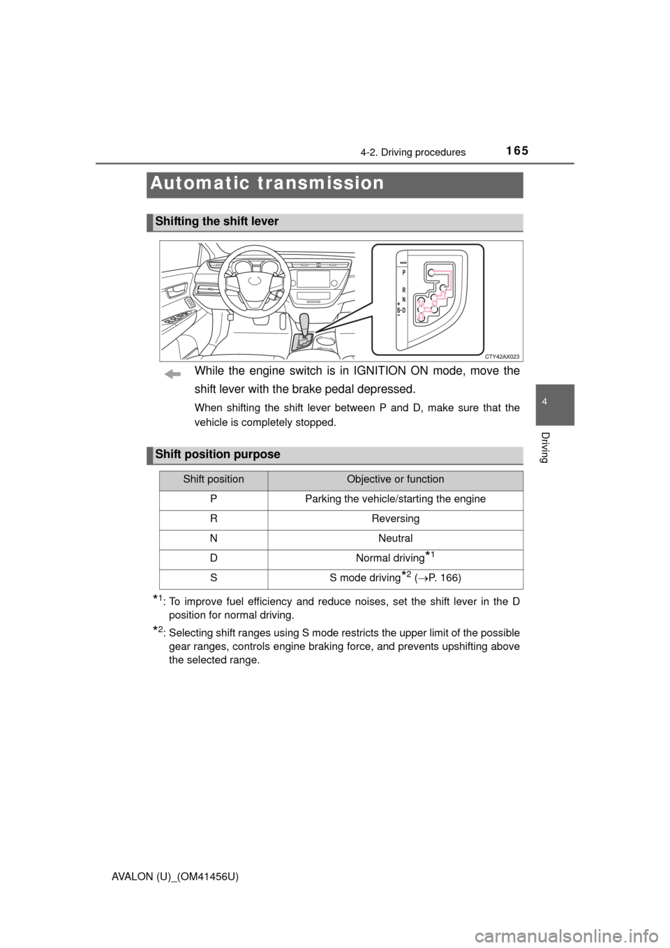 TOYOTA AVALON 2015 XX40 / 4.G Owners Manual 1654-2. Driving procedures
4
Driving
AVALON (U)_(OM41456U)
While the engine switch is in IGNITION ON mode, move the
shift lever with the brake pedal depressed.
When shifting the shift lever between P TOYOTA AVALON 2015 XX40 / 4.G Owners Manual 1654-2. Driving procedures
4
Driving
AVALON (U)_(OM41456U)
While the engine switch is in IGNITION ON mode, move the
shift lever with the brake pedal depressed.
When shifting the shift lever between P