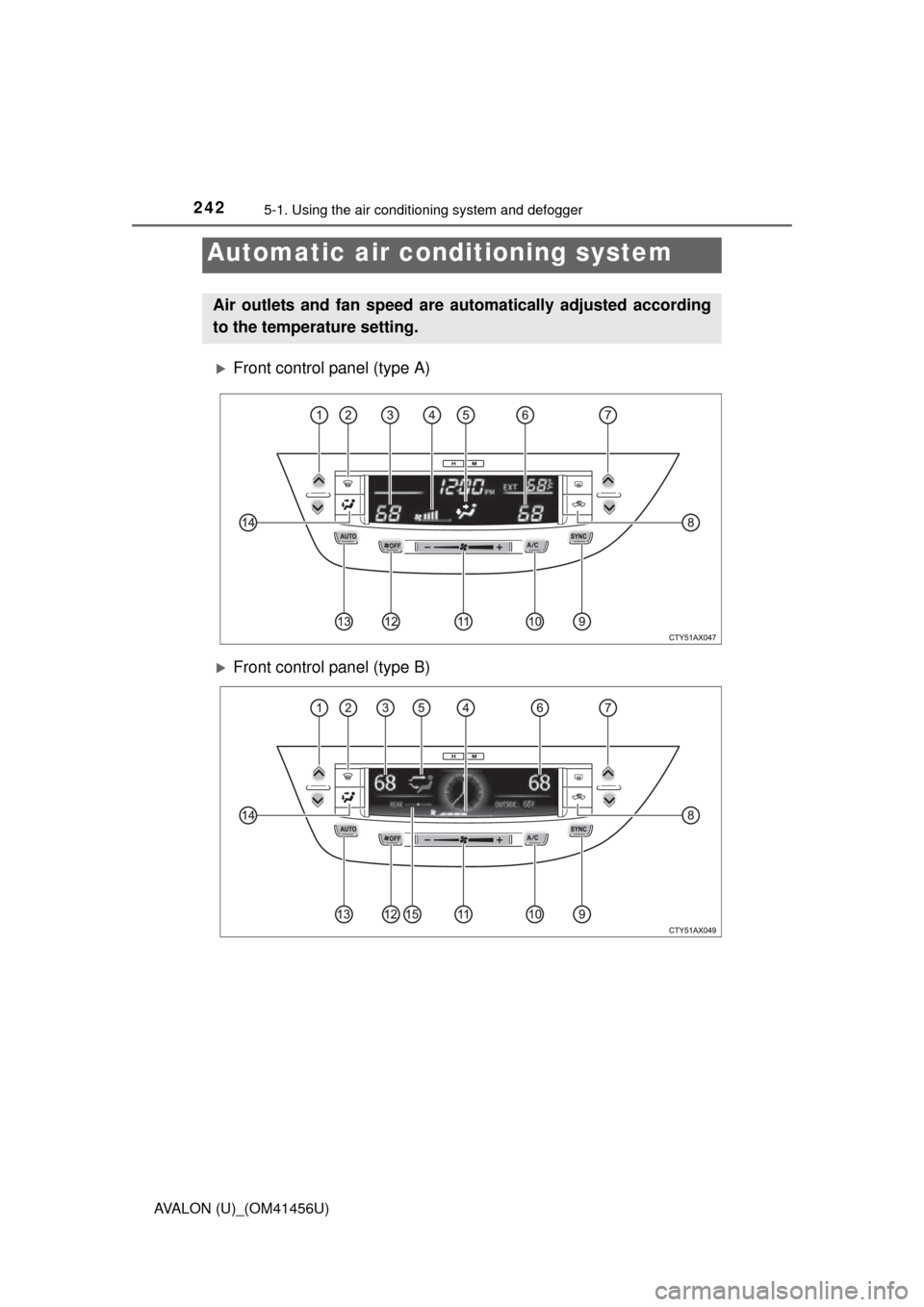 TOYOTA AVALON 2015 XX40 / 4.G Owners Manual 242
AVALON (U)_(OM41456U)
5-1. Using the air conditioning system and defogger
Front control panel (type A)
Front control panel (type B)
Automatic air conditioning system
Air outlets and fan spee