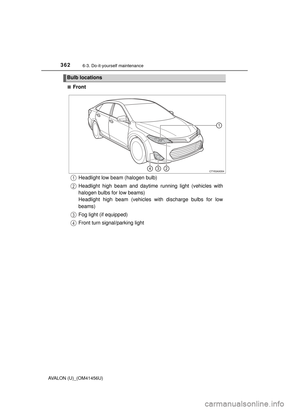 TOYOTA AVALON 2015 XX40 / 4.G Owners Manual 3626-3. Do-it-yourself maintenance
AVALON (U)_(OM41456U)■
Front
Bulb locations
Headlight low beam (halogen bulb)
Headlight high beam and daytime 
running light (vehicles with
halogen bulbs for low b