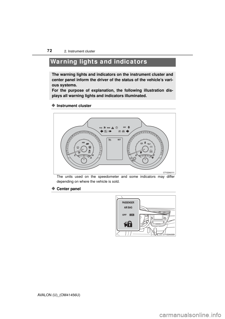 TOYOTA AVALON 2015 XX40 / 4.G Manual PDF 72
AVALON (U)_(OM41456U)
2. Instrument cluster
◆Instrument cluster
The units used on the speedometer and some indicators may differ
depending on where the vehicle is sold.
◆Center panel
War ning l