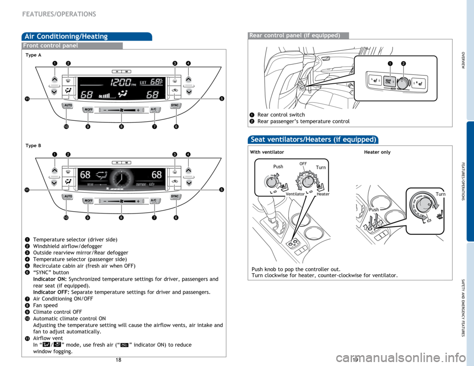 TOYOTA AVALON 2015 XX40 / 4.G Quick Reference Guide OVERVIEW
FEATURES/OPERATIONS
SAFETY AND EMERGENCY FEATURES
19
18
Front control panel
Temperature selector (driver side)
Windshield airflow/defogger
Outside rearview mirror/Rear defogger
Temperature se