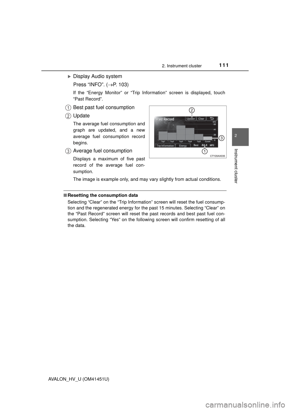 TOYOTA AVALON HYBRID 2013 XX40 / 4.G Owners Manual 1112. Instrument cluster
2
Instrument cluster
AVALON_HV_U (OM41451U)
Display Audio system
Press “INFO”. (P. 103)
If the “Energy Monitor” or “Trip In formation” screen is displayed, t