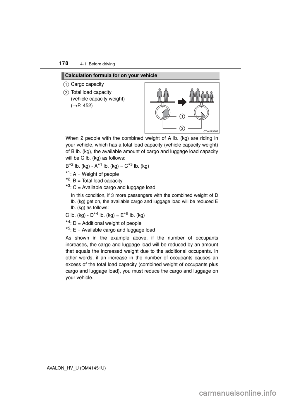 TOYOTA AVALON HYBRID 2013 XX40 / 4.G Owners Manual 1784-1. Before driving
AVALON_HV_U (OM41451U)
Cargo capacity
Total load capacity 
(vehicle capacity weight) 
( P. 452)
When 2 people with the combined weight of A lb. (kg) are riding in
your vehicl