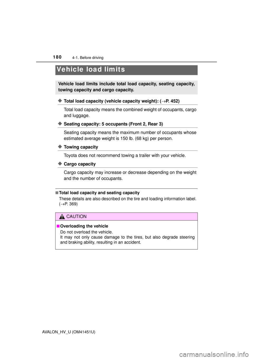 TOYOTA AVALON HYBRID 2013 XX40 / 4.G Owners Manual 1804-1. Before driving
AVALON_HV_U (OM41451U)
◆Total load capacity (vehicle capacity weight): (P. 452)
Total load capacity means the combined weight of occupants, cargo
and luggage. 
◆Seating c