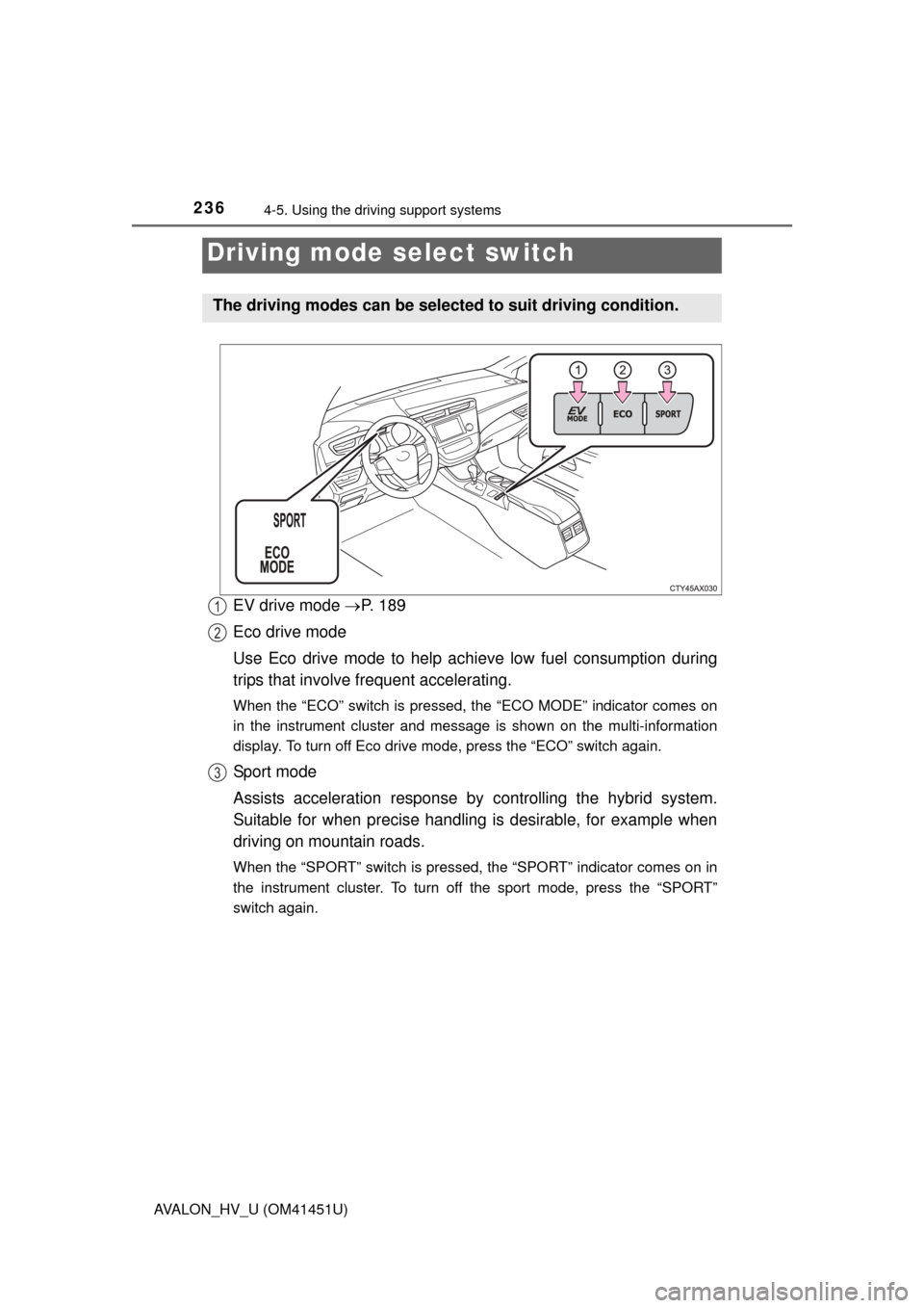 TOYOTA AVALON HYBRID 2013 XX40 / 4.G Owners Manual 2364-5. Using the driving support systems
AVALON_HV_U (OM41451U)
EV drive mode P. 1 8 9
Eco drive mode
Use Eco drive mode to help achi eve low fuel consumption during
trips that involve frequent a TOYOTA AVALON HYBRID 2013 XX40 / 4.G Owners Manual 2364-5. Using the driving support systems
AVALON_HV_U (OM41451U)
EV drive mode P. 1 8 9
Eco drive mode
Use Eco drive mode to help achi eve low fuel consumption during
trips that involve frequent a