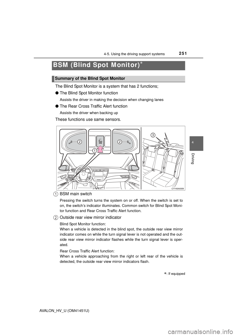 TOYOTA AVALON HYBRID 2013 XX40 / 4.G Owners Manual 2514-5. Using the driving support systems
4
Driving
AVALON_HV_U (OM41451U)
The Blind Spot Monitor is a system that has 2 functions;
● The Blind Spot Monitor function
Assists the driver in making the TOYOTA AVALON HYBRID 2013 XX40 / 4.G Owners Manual 2514-5. Using the driving support systems
4
Driving
AVALON_HV_U (OM41451U)
The Blind Spot Monitor is a system that has 2 functions;
● The Blind Spot Monitor function
Assists the driver in making the