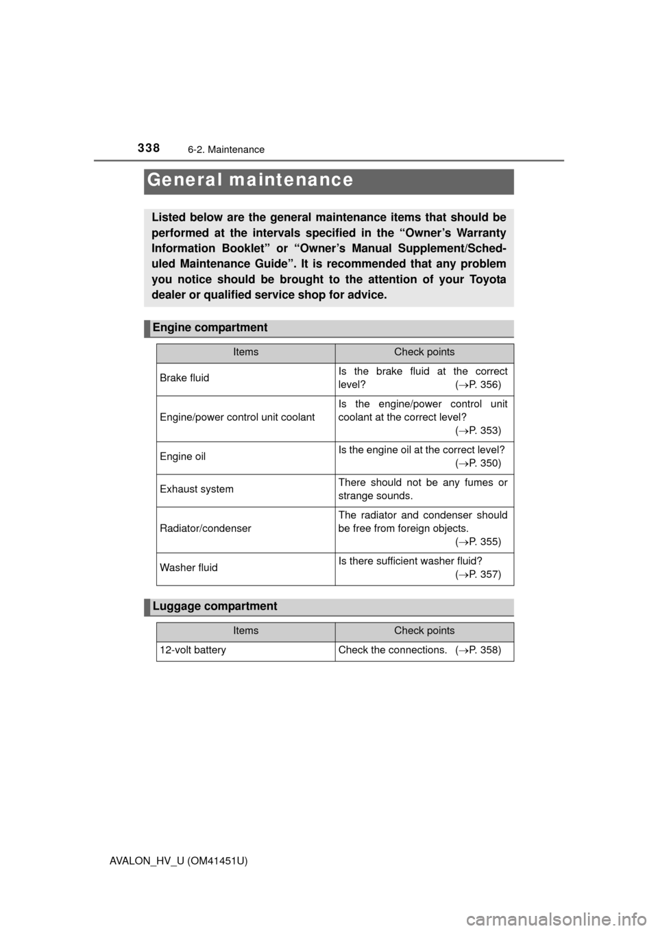TOYOTA AVALON HYBRID 2013 XX40 / 4.G Owners Manual 3386-2. Maintenance
AVALON_HV_U (OM41451U)
General maintenance
Listed below are the general maintenance items that should be
performed at the intervals specified in the “Owner’s Warranty
Informati TOYOTA AVALON HYBRID 2013 XX40 / 4.G Owners Manual 3386-2. Maintenance
AVALON_HV_U (OM41451U)
General maintenance
Listed below are the general maintenance items that should be
performed at the intervals specified in the “Owner’s Warranty
Informati