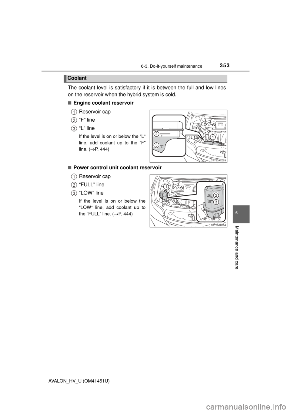 TOYOTA AVALON HYBRID 2013 XX40 / 4.G Owners Manual 3536-3. Do-it-yourself maintenance
6
Maintenance and care
AVALON_HV_U (OM41451U)
The coolant level is satisfactory if it is between the full and low lines
on the reservoir when the hybrid system is co