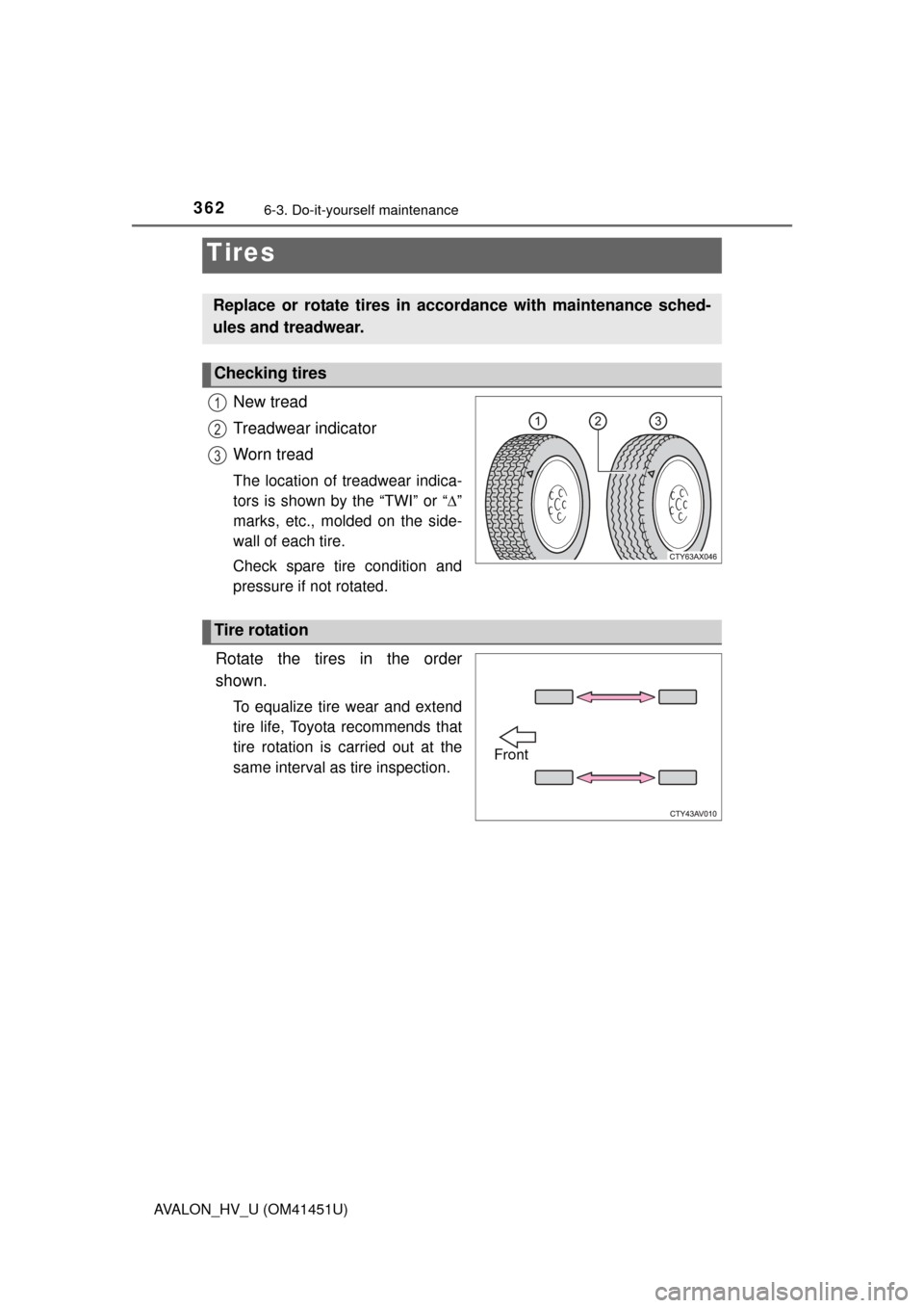 TOYOTA AVALON HYBRID 2013 XX40 / 4.G Owners Manual 3626-3. Do-it-yourself maintenance
AVALON_HV_U (OM41451U)
New tread
Treadwear indicator
Worn tread
The location of treadwear indica-
tors is shown by the “TWI” or “”
marks, etc., molded on 