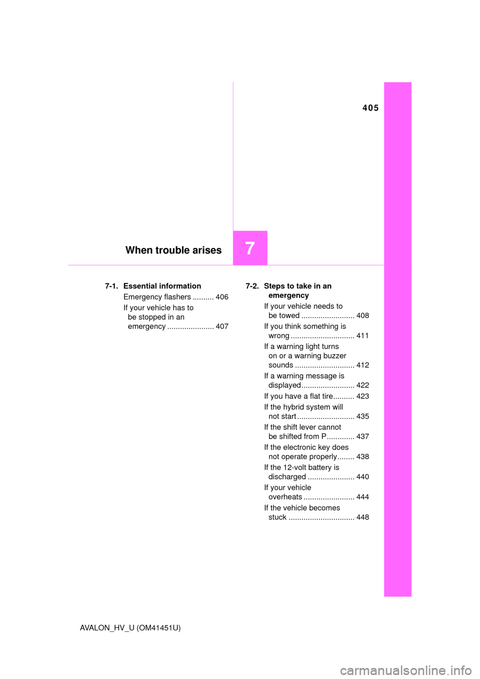 TOYOTA AVALON HYBRID 2013 XX40 / 4.G Workshop Manual 405
7When trouble arises
AVALON_HV_U (OM41451U)7-1. Essential information
Emergency flashers .......... 406
If your vehicle has to be stopped in an 
emergency ...................... 407 7-2.  Steps to