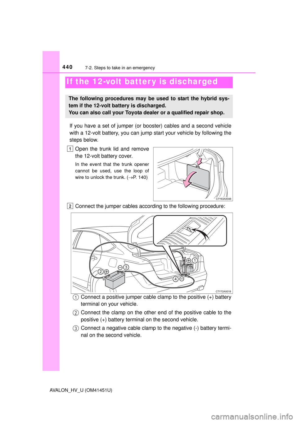 TOYOTA AVALON HYBRID 2013 XX40 / 4.G Owners Manual 4407-2. Steps to take in an emergency
AVALON_HV_U (OM41451U)
If you have a set of jumper (or booster) cables and a second vehicle
with a 12-volt battery, you can jump start your vehicle by following TOYOTA AVALON HYBRID 2013 XX40 / 4.G Owners Manual 4407-2. Steps to take in an emergency
AVALON_HV_U (OM41451U)
If you have a set of jumper (or booster) cables and a second vehicle
with a 12-volt battery, you can jump start your vehicle by following