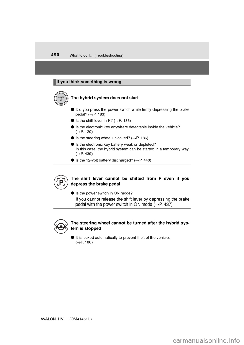 TOYOTA AVALON HYBRID 2013 XX40 / 4.G Manual PDF 490What to do if... (Troubleshooting)
AVALON_HV_U (OM41451U)
●Did you press the power switch while firmly depressing the brake
pedal? (P. 183)
●Is the shift lever in P? ( P. 186)
●Is the e