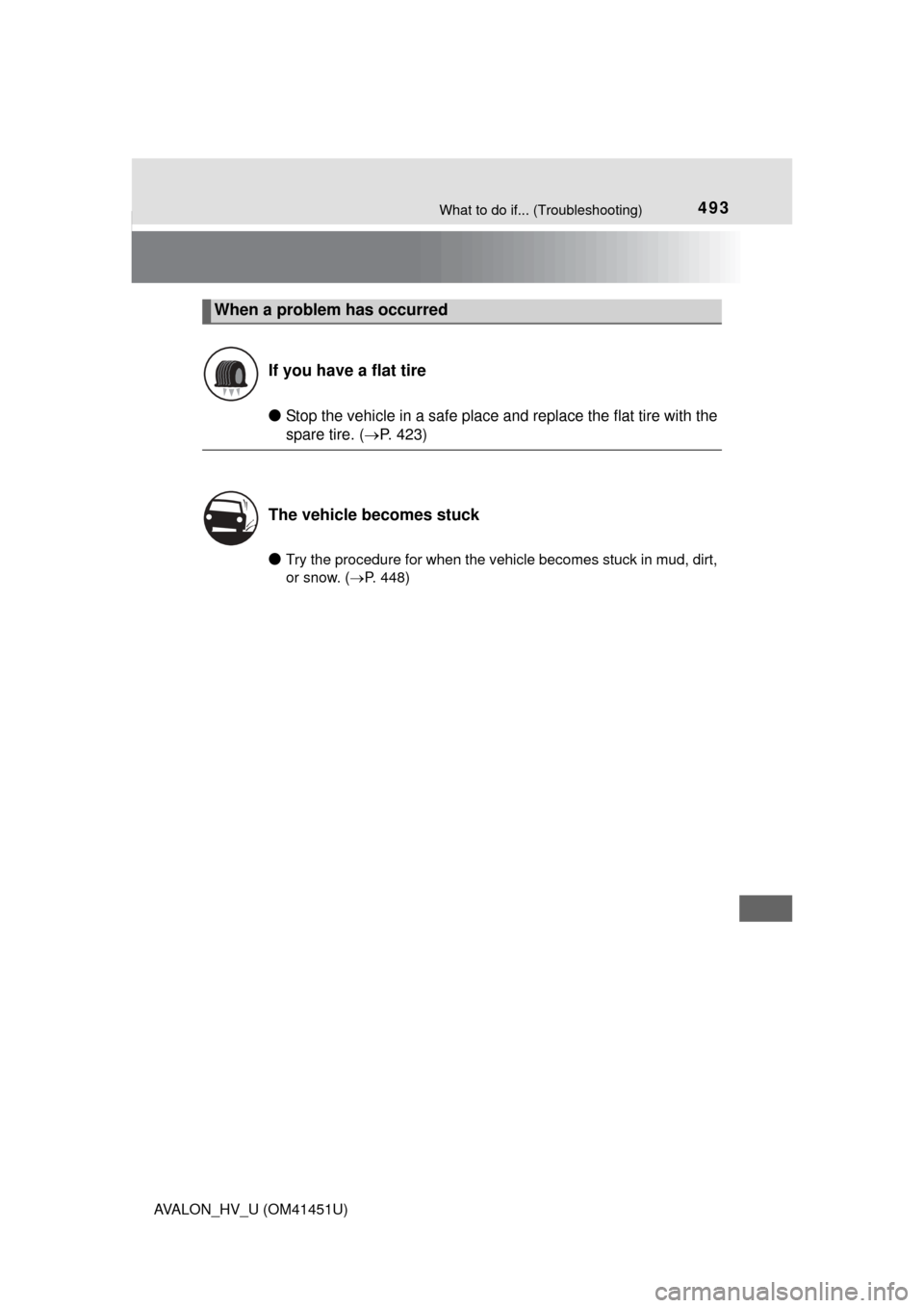 TOYOTA AVALON HYBRID 2013 XX40 / 4.G Owners Manual 493What to do if... (Troubleshooting)
AVALON_HV_U (OM41451U)
●Stop the vehicle in a safe place and replace the flat tire with the
spare tire. (P. 423)
●Try the procedure for when the vehicle be