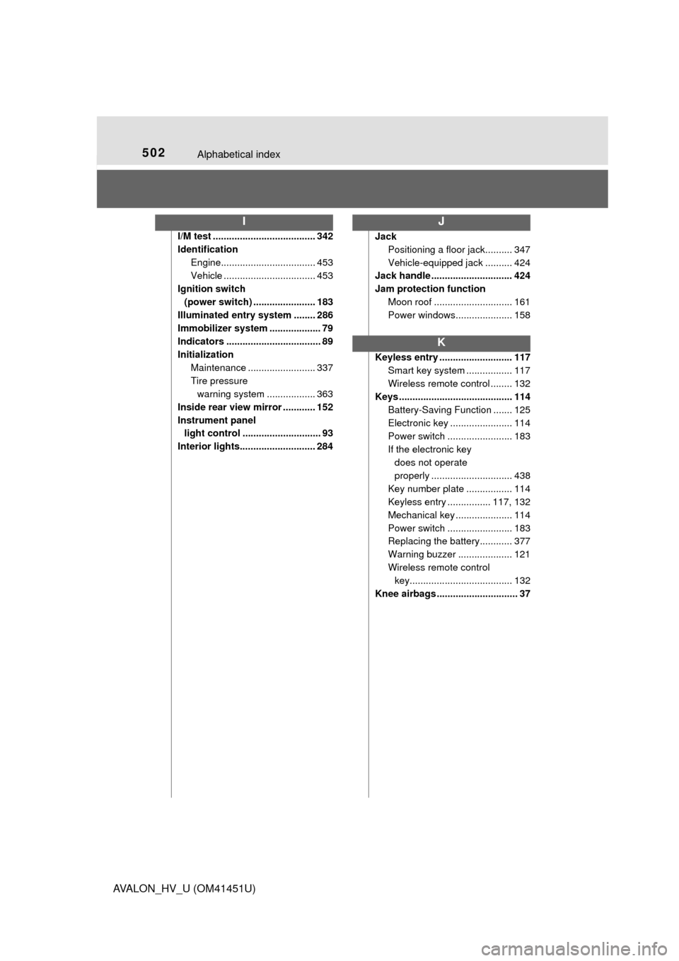 TOYOTA AVALON HYBRID 2013 XX40 / 4.G Owners Manual 502Alphabetical index
AVALON_HV_U (OM41451U)
I/M test ...................................... 342
IdentificationEngine................................... 453
Vehicle .................................. 