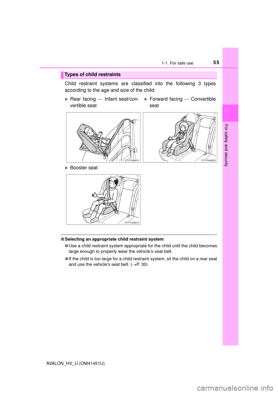 TOYOTA AVALON HYBRID 2013 XX40 / 4.G Workshop Manual 551-1. For safe use
1
For safety and security
AVALON_HV_U (OM41451U)
Child restraint systems are classified into the following 3 types
according to the age and size of the child:
■Selecting an appro