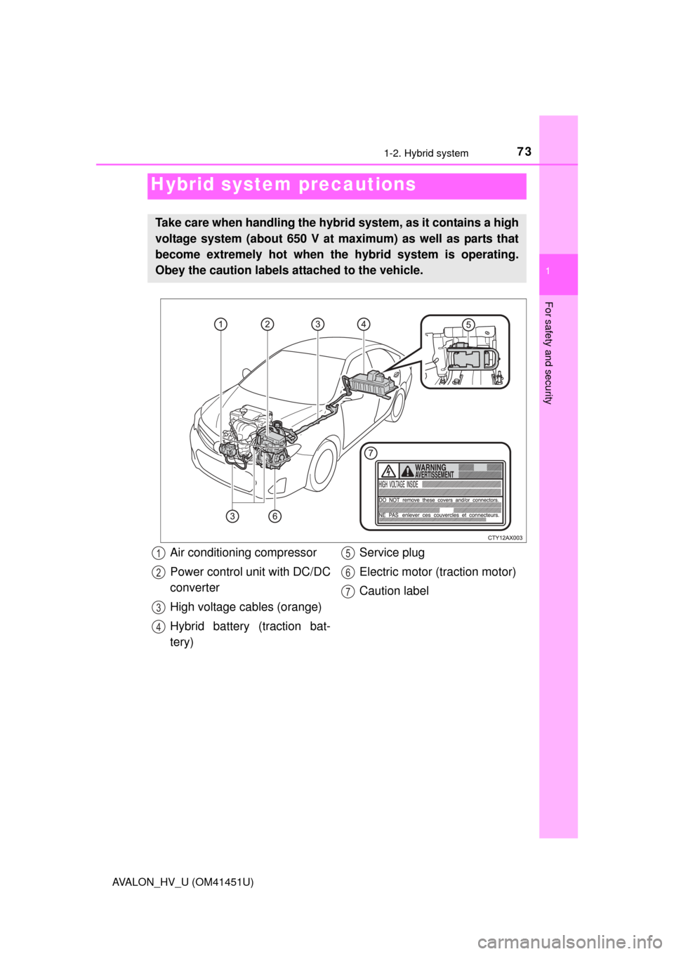 TOYOTA AVALON HYBRID 2013 XX40 / 4.G Manual PDF 731-2. Hybrid system
1
For safety and security
AVALON_HV_U (OM41451U)
Hybrid system precautions
Take care when handling the hybrid system, as it contains a high
voltage system (about 650 V at maximum)
