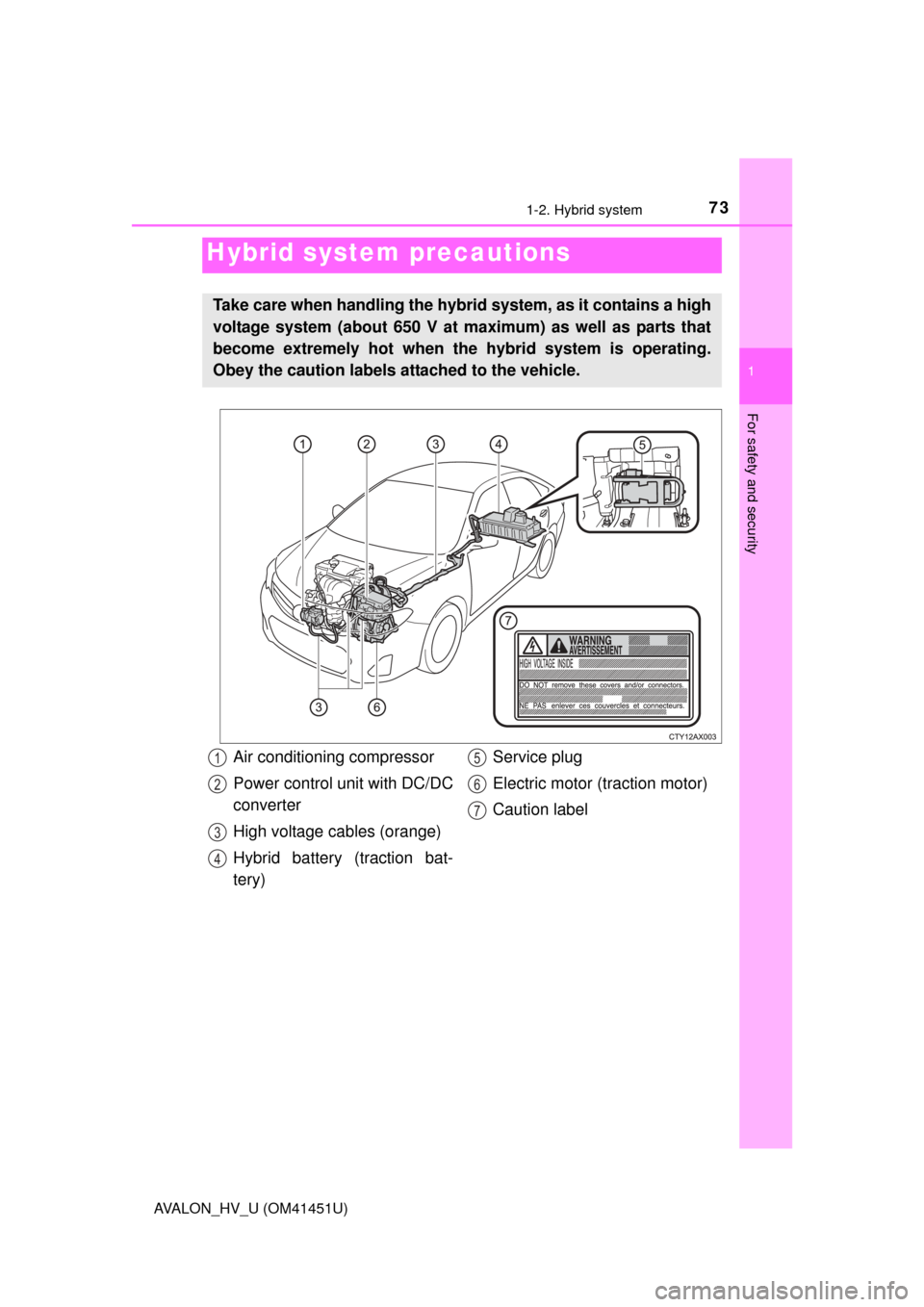 TOYOTA AVALON HYBRID 2013 XX40 / 4.G Owners Manual 731-2. Hybrid system
1
For safety and security
AVALON_HV_U (OM41451U)
Hybrid system precautions
Take care when handling the hybrid system, as it contains a high
voltage system (about 650 V at maximum) TOYOTA AVALON HYBRID 2013 XX40 / 4.G Owners Manual 731-2. Hybrid system
1
For safety and security
AVALON_HV_U (OM41451U)
Hybrid system precautions
Take care when handling the hybrid system, as it contains a high
voltage system (about 650 V at maximum)