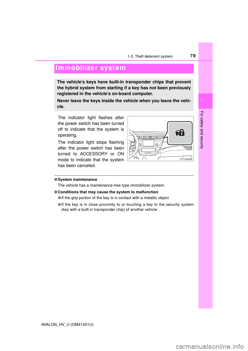TOYOTA AVALON HYBRID 2013 XX40 / 4.G Manual PDF 79
1
For safety and security
AVALON_HV_U (OM41451U)
1-3. Theft deterrent system
The indicator light flashes after
the power switch has been turned
off to indicate that the system is
operating.
The ind