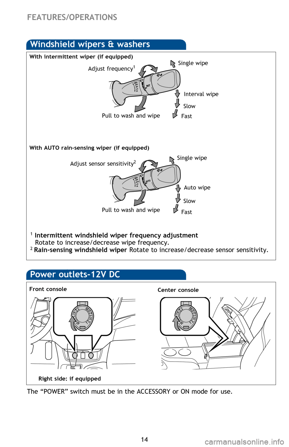 TOYOTA AVALON HYBRID 2013 XX40 / 4.G Quick Reference Guide 14
Power outlets-12V DC
Front console
The “POWER” switch must be in the ACCESSORY or ON mode for use.
Center console
Lights & turn signals
Turn signals
Headlights
Front fog lights (if equipped)
-D TOYOTA AVALON HYBRID 2013 XX40 / 4.G Quick Reference Guide 14
Power outlets-12V DC
Front console
The “POWER” switch must be in the ACCESSORY or ON mode for use.
Center console
Lights & turn signals
Turn signals
Headlights
Front fog lights (if equipped)
-D