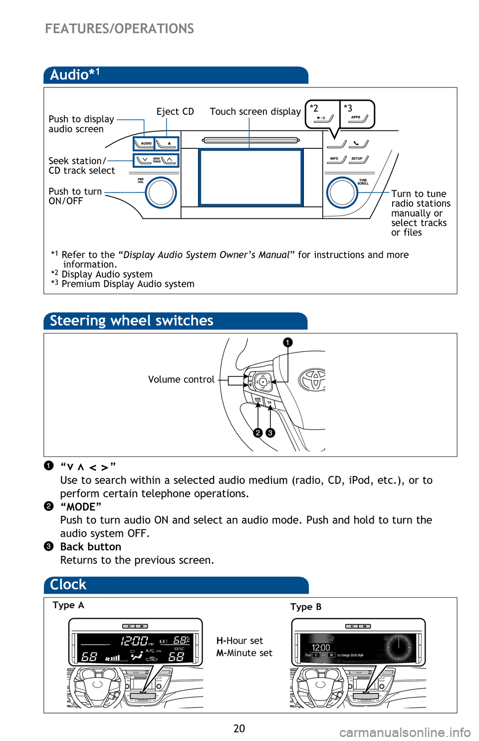 TOYOTA AVALON HYBRID 2013 XX40 / 4.G Quick Reference Guide 20
Steering wheel switches
“            ”
Use to search within a selected audio medium (radio, CD, iPod, etc.), or to 
perform certain telephone operations.
“MODE” 
Push to turn audio ON and s
