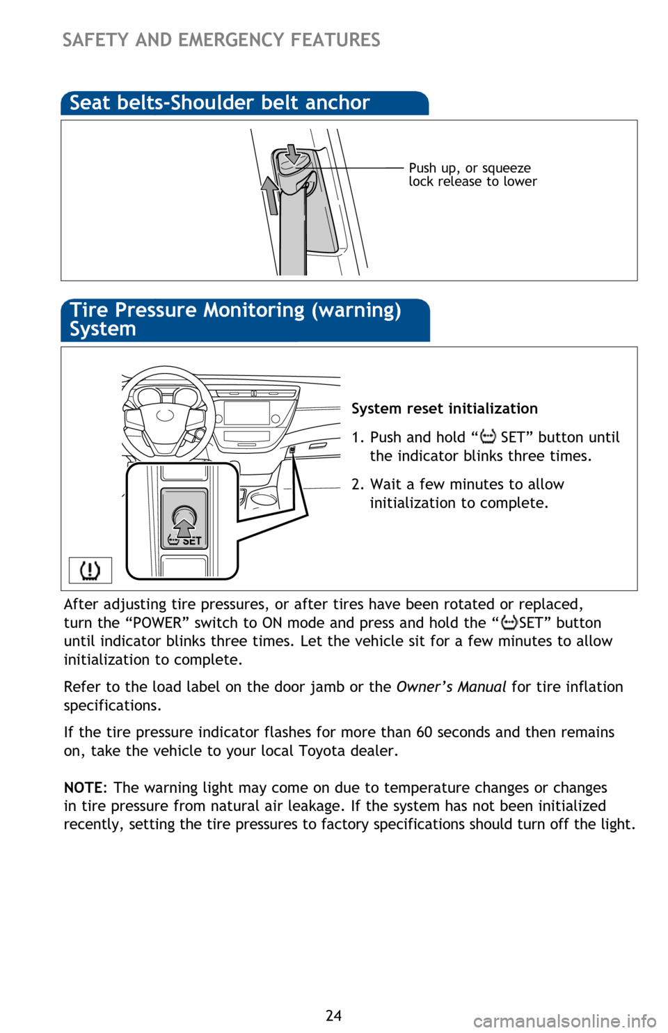 TOYOTA AVALON HYBRID 2013 XX40 / 4.G Quick Reference Guide 24
SAFETY AND EMERGENCY FEATURES
Push up, or squeeze
lock release to lower
System reset initialization
1. Push and hold “
SET” button until
the indicator blinks three times.
2. Wait a few minut TOYOTA AVALON HYBRID 2013 XX40 / 4.G Quick Reference Guide 24
SAFETY AND EMERGENCY FEATURES
Push up, or squeeze
lock release to lower
System reset initialization
1. Push and hold “
SET” button until
the indicator blinks three times.
2. Wait a few minut