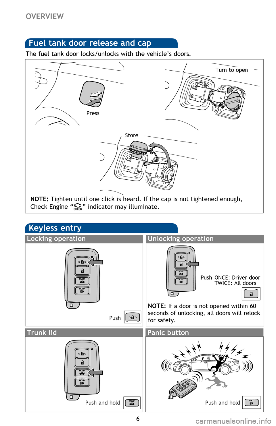 TOYOTA AVALON HYBRID 2013 XX40 / 4.G Quick Reference Guide 6
OVERVIEW
Keyless entry
Push ONCE: Driver door
  TWICE: All doors
Locking operationUnlocking operation
Smart Key system
Start function
ACCESSORY
ON
OFF
NOTE: Gear shift lever must be in Park and brak