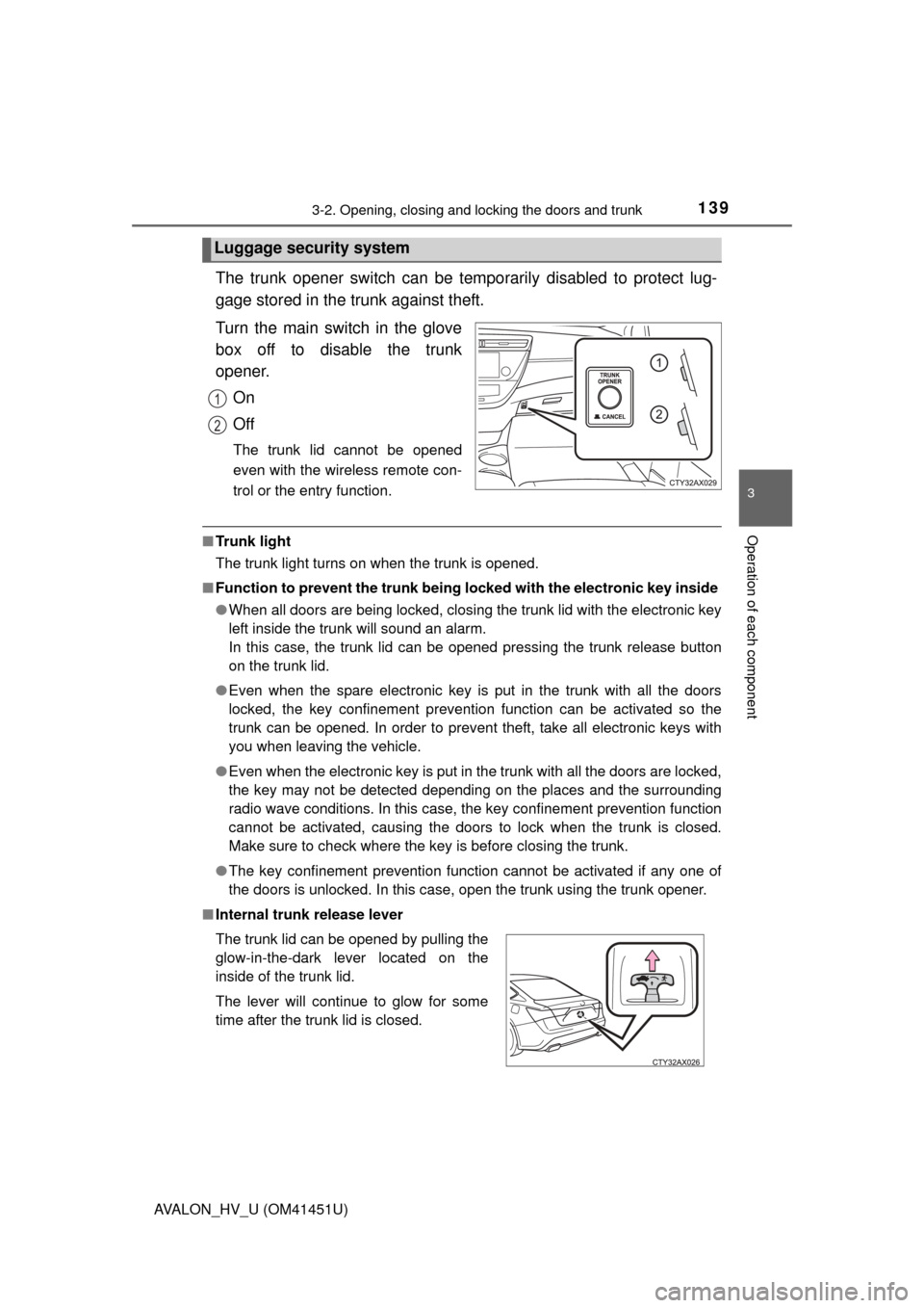 TOYOTA AVALON HYBRID 2014 XX40 / 4.G Owners Manual 1393-2. Opening, closing and locking the doors and trunk
3
Operation of each component
AVALON_HV_U (OM41451U)
The trunk opener switch can be temporarily disabled to protect lug-
gage stored in the tru