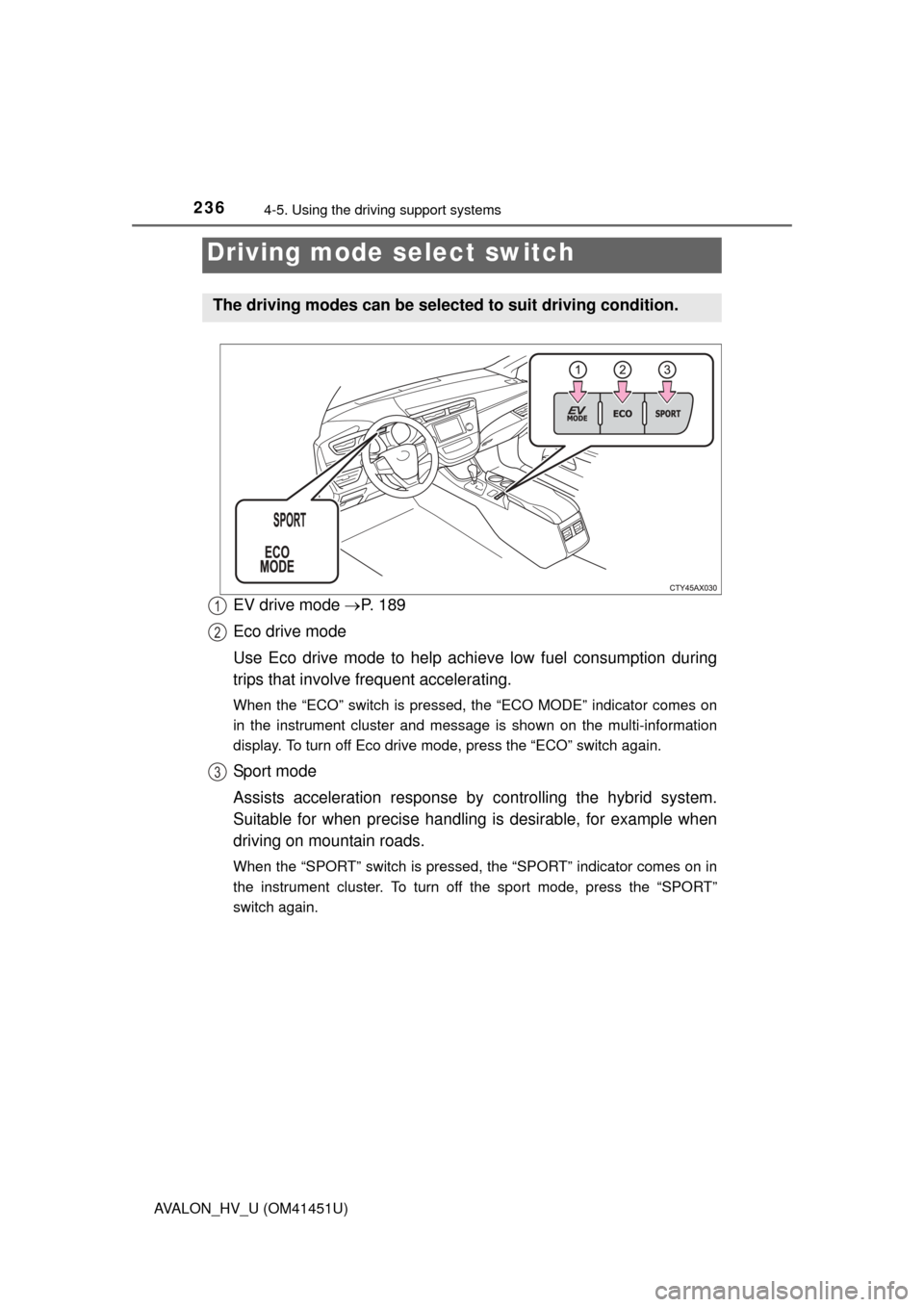 TOYOTA AVALON HYBRID 2014 XX40 / 4.G Owners Manual 2364-5. Using the driving support systems
AVALON_HV_U (OM41451U)
EV drive mode P. 1 8 9
Eco drive mode
Use Eco drive mode to help achi eve low fuel consumption during
trips that involve frequent a TOYOTA AVALON HYBRID 2014 XX40 / 4.G Owners Manual 2364-5. Using the driving support systems
AVALON_HV_U (OM41451U)
EV drive mode P. 1 8 9
Eco drive mode
Use Eco drive mode to help achi eve low fuel consumption during
trips that involve frequent a