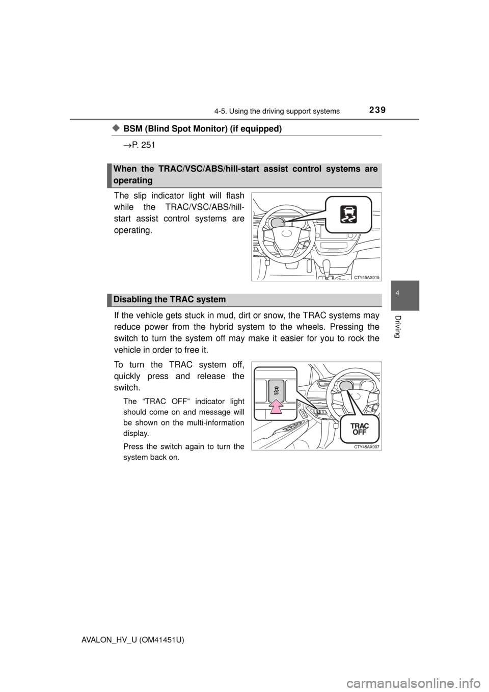 TOYOTA AVALON HYBRID 2014 XX40 / 4.G Owners Manual 2394-5. Using the driving support systems
4
Driving
AVALON_HV_U (OM41451U)
◆BSM (Blind Spot Monitor) (if equipped)
P. 2 5 1
The slip indicator light will flash
while the TRAC/VSC/ABS/hill-
start TOYOTA AVALON HYBRID 2014 XX40 / 4.G Owners Manual 2394-5. Using the driving support systems
4
Driving
AVALON_HV_U (OM41451U)
◆BSM (Blind Spot Monitor) (if equipped)
P. 2 5 1
The slip indicator light will flash
while the TRAC/VSC/ABS/hill-
start