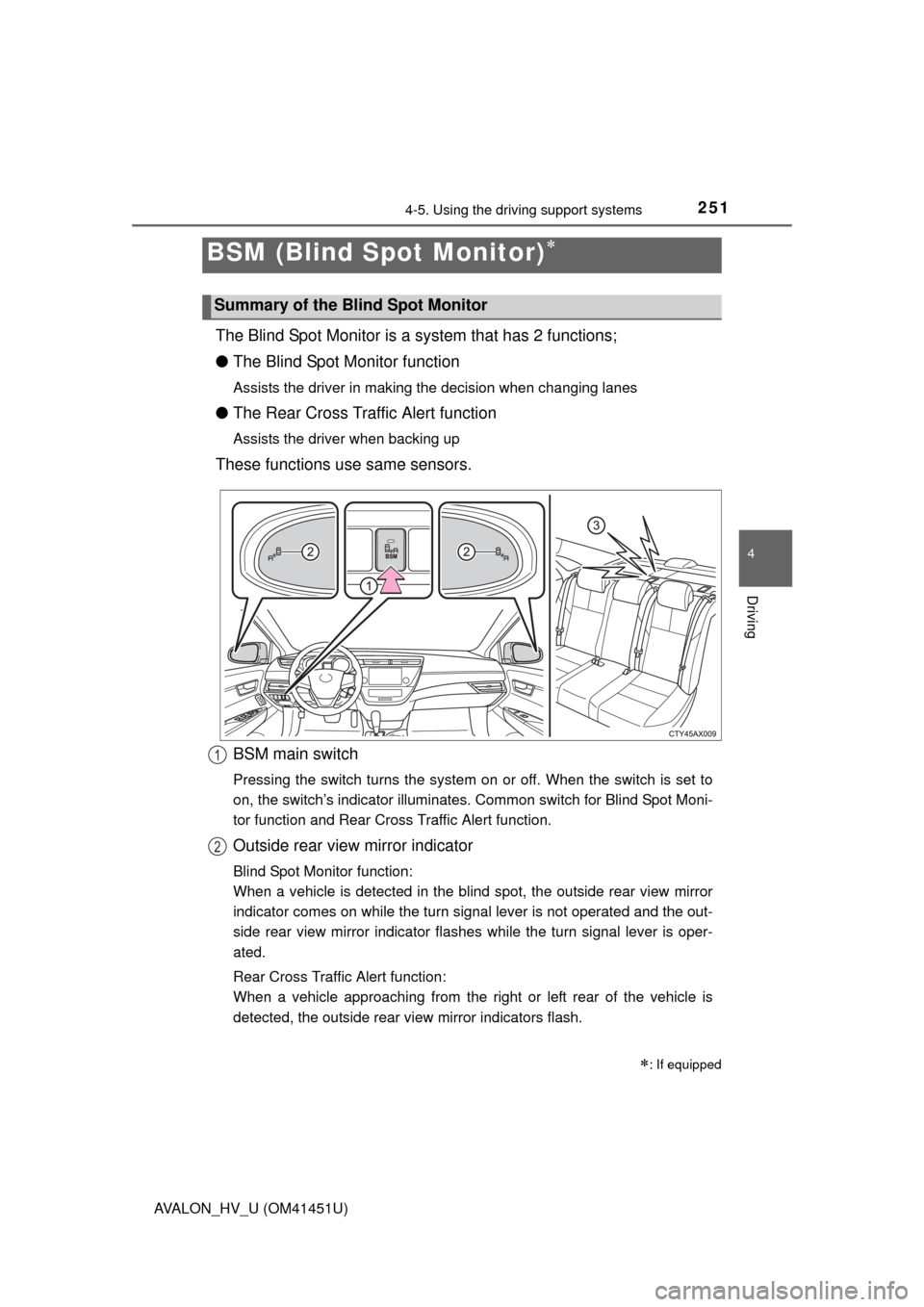 TOYOTA AVALON HYBRID 2014 XX40 / 4.G Owners Manual 2514-5. Using the driving support systems
4
Driving
AVALON_HV_U (OM41451U)
The Blind Spot Monitor is a system that has 2 functions;
● The Blind Spot Monitor function
Assists the driver in making the TOYOTA AVALON HYBRID 2014 XX40 / 4.G Owners Manual 2514-5. Using the driving support systems
4
Driving
AVALON_HV_U (OM41451U)
The Blind Spot Monitor is a system that has 2 functions;
● The Blind Spot Monitor function
Assists the driver in making the
