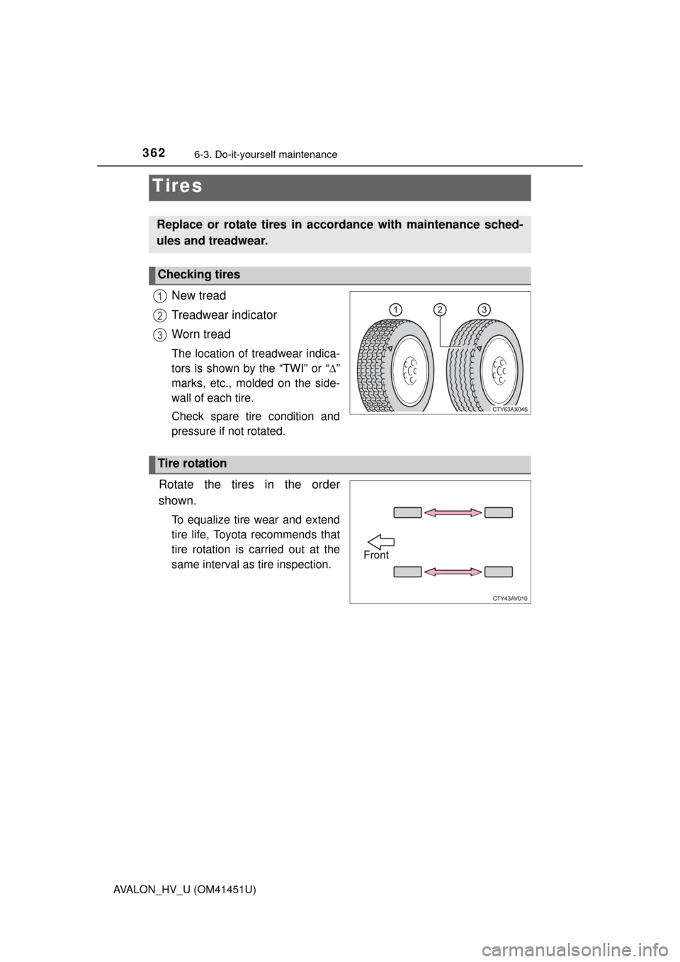 TOYOTA AVALON HYBRID 2014 XX40 / 4.G Owners Manual 3626-3. Do-it-yourself maintenance
AVALON_HV_U (OM41451U)
New tread
Treadwear indicator
Worn tread
The location of treadwear indica-
tors is shown by the “TWI” or “”
marks, etc., molded on TOYOTA AVALON HYBRID 2014 XX40 / 4.G Owners Manual 3626-3. Do-it-yourself maintenance
AVALON_HV_U (OM41451U)
New tread
Treadwear indicator
Worn tread
The location of treadwear indica-
tors is shown by the “TWI” or “”
marks, etc., molded on