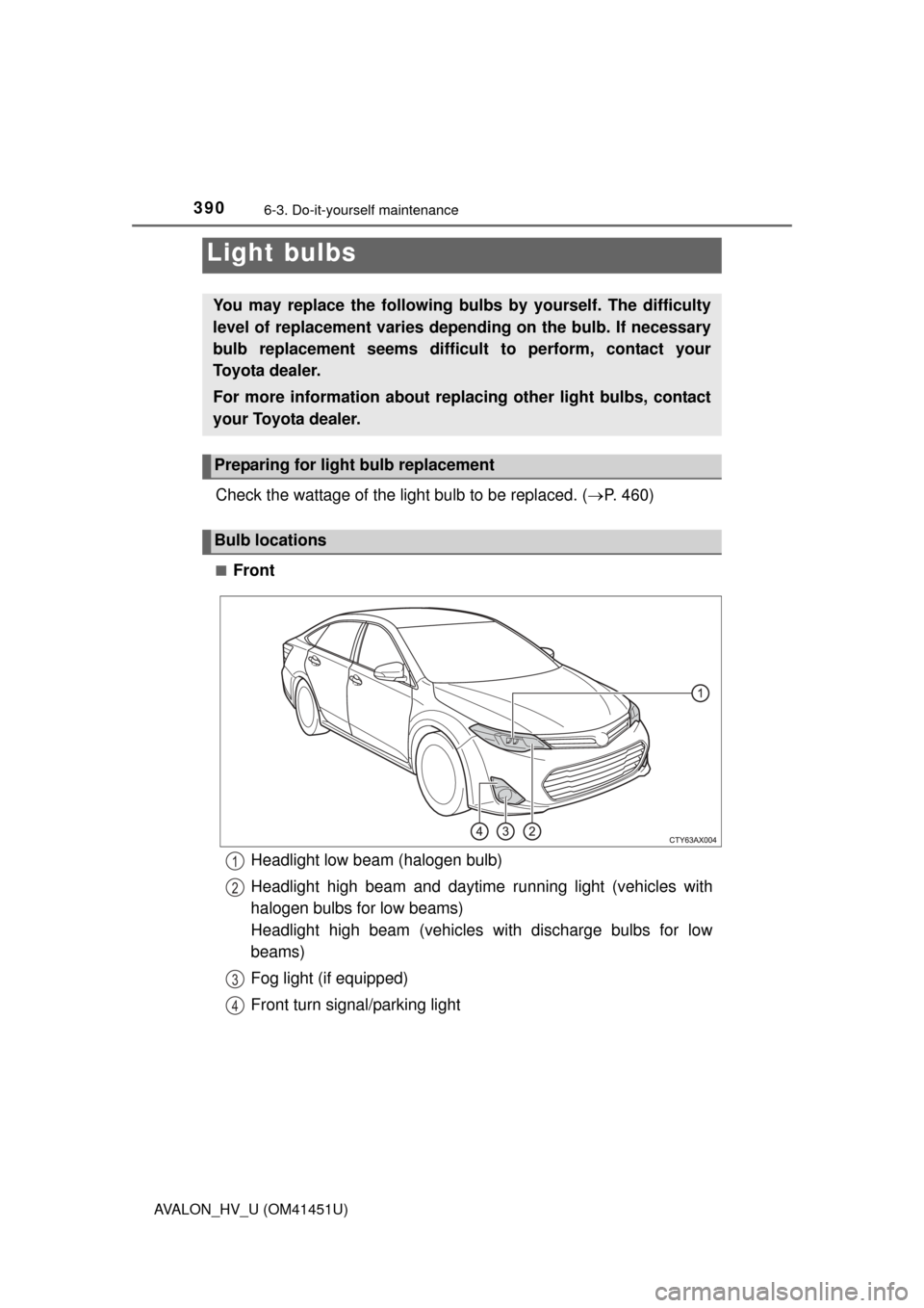 TOYOTA AVALON HYBRID 2014 XX40 / 4.G Owners Manual 3906-3. Do-it-yourself maintenance
AVALON_HV_U (OM41451U)
Check the wattage of the light bulb to be replaced. (P. 460)
■Front
Light bulbs
You may replace the following bulbs by yourself. The dif TOYOTA AVALON HYBRID 2014 XX40 / 4.G Owners Manual 3906-3. Do-it-yourself maintenance
AVALON_HV_U (OM41451U)
Check the wattage of the light bulb to be replaced. (P. 460)
■Front
Light bulbs
You may replace the following bulbs by yourself. The dif