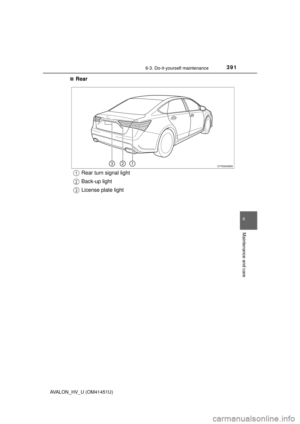 TOYOTA AVALON HYBRID 2014 XX40 / 4.G Owners Manual 3916-3. Do-it-yourself maintenance
6
Maintenance and care
AVALON_HV_U (OM41451U)■
Rear
Rear turn signal light
Back-up light
License plate light1
2
3 
