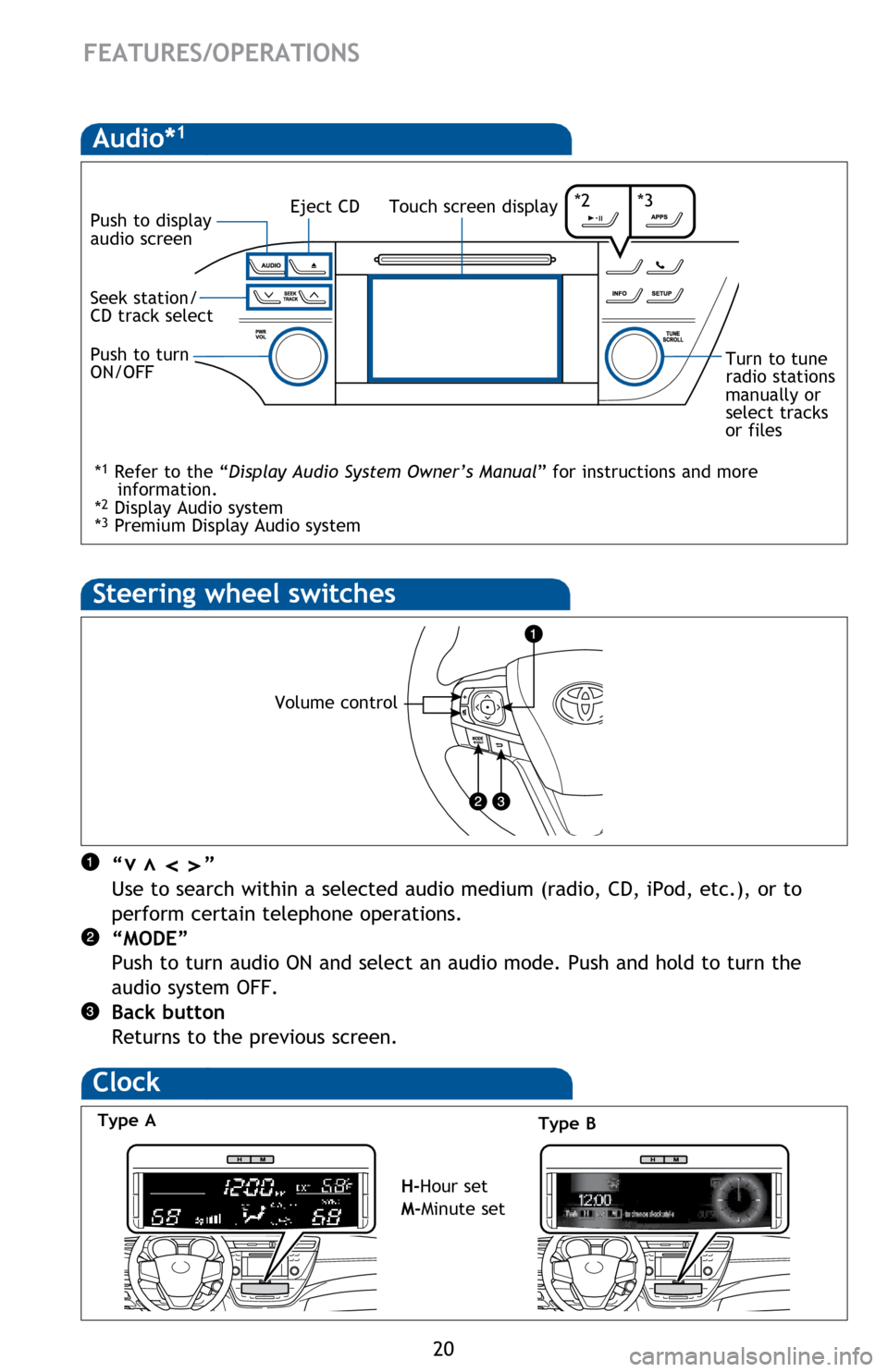 TOYOTA AVALON HYBRID 2014 XX40 / 4.G Quick Reference Guide 20
Steering wheel switches
“ ”
Use to search within a selected audio medium (radio, CD, iPod, etc.), or to
perform certain telephone operations.
“MODE”
Push to turn audio ON and s TOYOTA AVALON HYBRID 2014 XX40 / 4.G Quick Reference Guide 20
Steering wheel switches
“ ”
Use to search within a selected audio medium (radio, CD, iPod, etc.), or to
perform certain telephone operations.
“MODE”
Push to turn audio ON and s