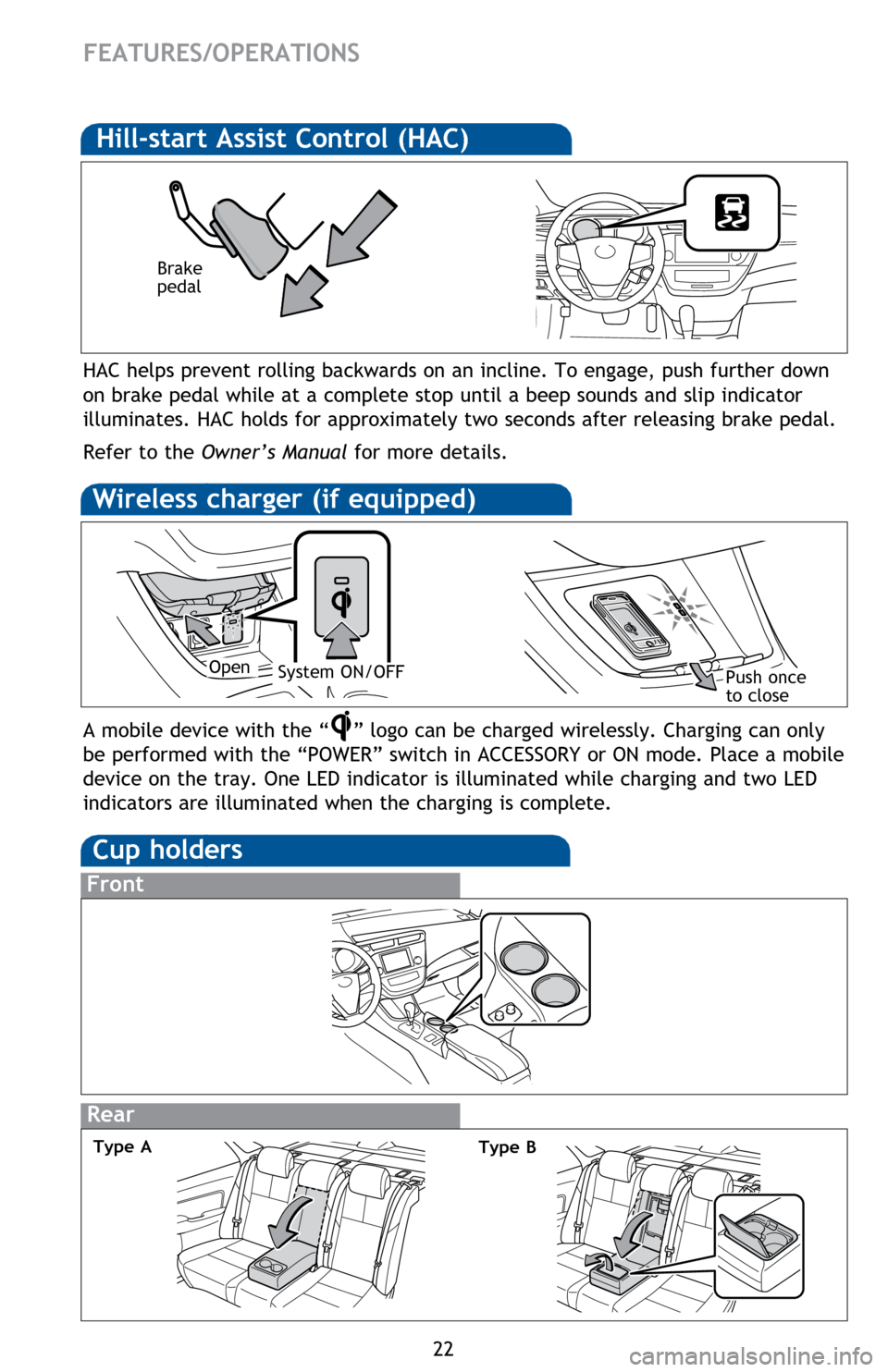 TOYOTA AVALON HYBRID 2014 XX40 / 4.G Quick Reference Guide 22
Rear
FEATURES/OPERATIONS
Cup holders
Front
Type A
Wireless charger (if equipped)
A mobile device with the “” logo can be charged wirelessly. Charging can only
be performed with the “POWER” TOYOTA AVALON HYBRID 2014 XX40 / 4.G Quick Reference Guide 22
Rear
FEATURES/OPERATIONS
Cup holders
Front
Type A
Wireless charger (if equipped)
A mobile device with the “” logo can be charged wirelessly. Charging can only
be performed with the “POWER”