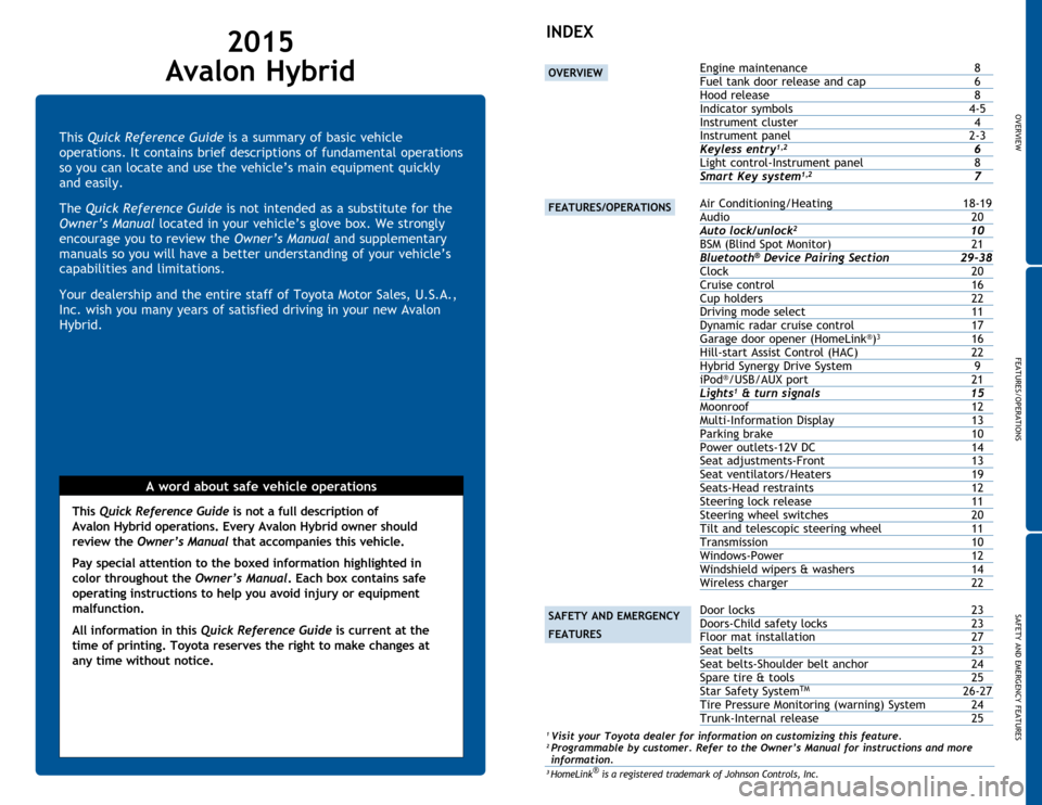 TOYOTA AVALON HYBRID 2015 XX40 / 4.G Quick Reference Guide OVERVIEW
FEATURES/OPERATIONS
SAFETY AND EMERGENCY FEATURES
1
This Quick Reference Guide is a summary of basic vehicle 
operations. It contains brief descriptions of fundamental operations 
so you can 