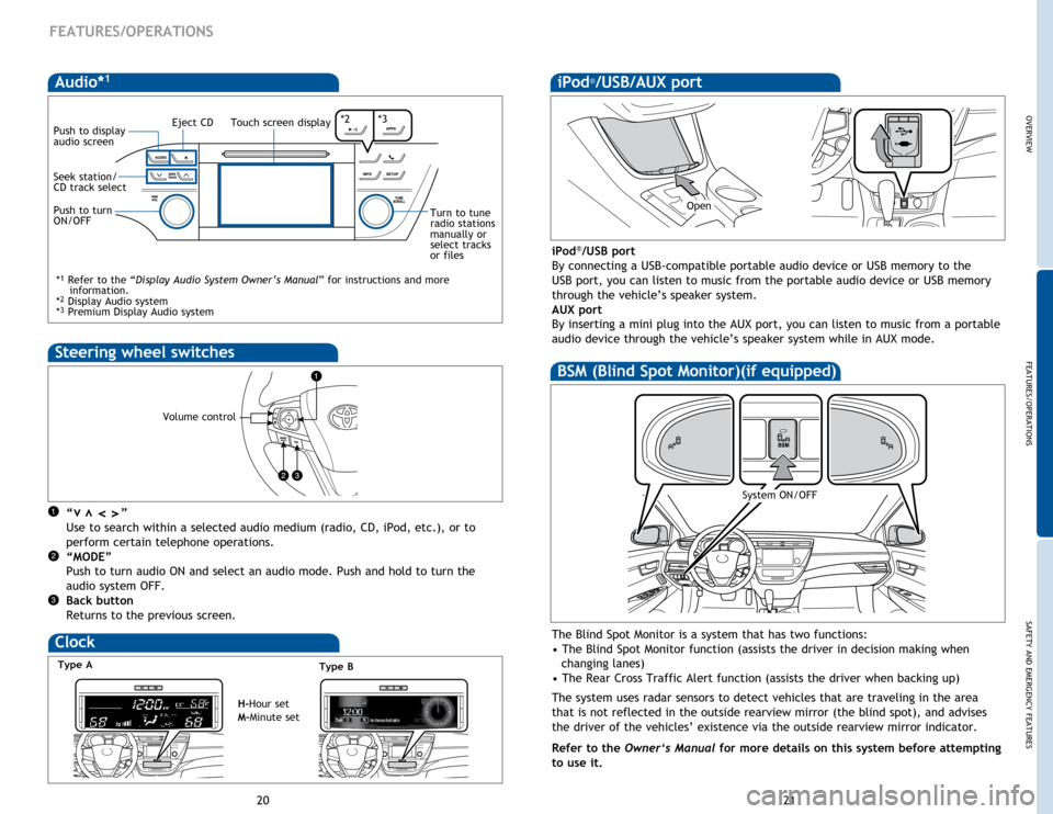TOYOTA AVALON HYBRID 2015 XX40 / 4.G Quick Reference Guide OVERVIEW
FEATURES/OPERATIONS
SAFETY AND EMERGENCY FEATURES
21
20
Steering wheel switches
“ ”
Use to search within a selected audio medium (radio, CD, iPod, etc.), or to
perform certain TOYOTA AVALON HYBRID 2015 XX40 / 4.G Quick Reference Guide OVERVIEW
FEATURES/OPERATIONS
SAFETY AND EMERGENCY FEATURES
21
20
Steering wheel switches
“ ”
Use to search within a selected audio medium (radio, CD, iPod, etc.), or to
perform certain