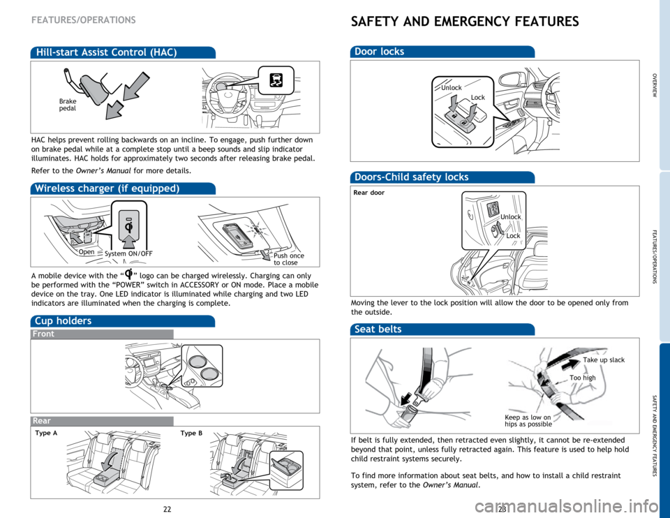 TOYOTA AVALON HYBRID 2015 XX40 / 4.G Quick Reference Guide OVERVIEW
FEATURES/OPERATIONS
SAFETY AND EMERGENCY FEATURES
23
22
Rear
FEATURES/OPERATIONS
Cup holders
Front
Door locks
Lock
Unlock
SAFETY AND EMERGENCY FEATURES
Moving the lever to the lock position w