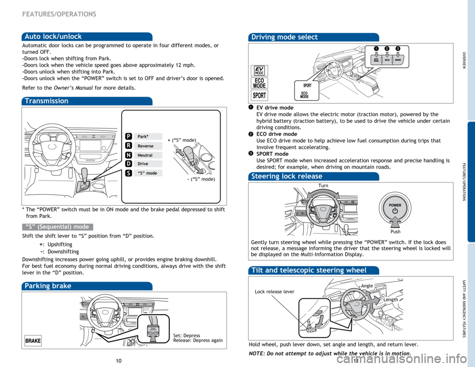 TOYOTA AVALON HYBRID 2015 XX40 / 4.G Quick Reference Guide OVERVIEW
FEATURES/OPERATIONS
SAFETY AND EMERGENCY FEATURES
11
10
Transmission
* The “POWER” switch must be in ON mode and the brake pedal depressed to shift
from Park.
Shift the shift lever to TOYOTA AVALON HYBRID 2015 XX40 / 4.G Quick Reference Guide OVERVIEW
FEATURES/OPERATIONS
SAFETY AND EMERGENCY FEATURES
11
10
Transmission
* The “POWER” switch must be in ON mode and the brake pedal depressed to shift
from Park.
Shift the shift lever to
