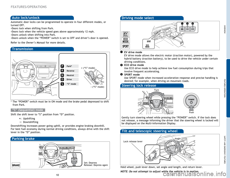 TOYOTA AVALON HYBRID 2015 XX40 / 4.G Quick Reference Guide OVERVIEW
FEATURES/OPERATIONS
SAFETY AND EMERGENCY FEATURES
11
10
Transmission
* The “POWER” switch must be in ON mode and the brake pedal depressed to shift 
from Park.
Shift the shift lever to �