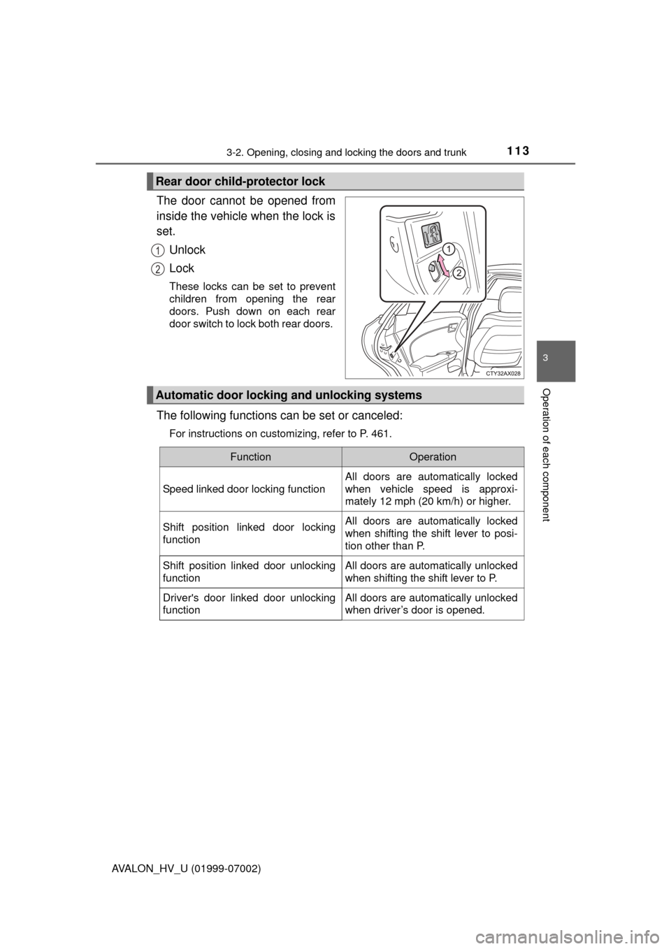 TOYOTA AVALON HYBRID 2016 XX40 / 4.G Owners Manual 1133-2. Opening, closing and locking the doors and trunk
3
Operation of each component
AVALON_HV_U (01999-07002)
The door cannot be opened from
inside the vehicle when the lock is
set.Unlock
Lock
Thes