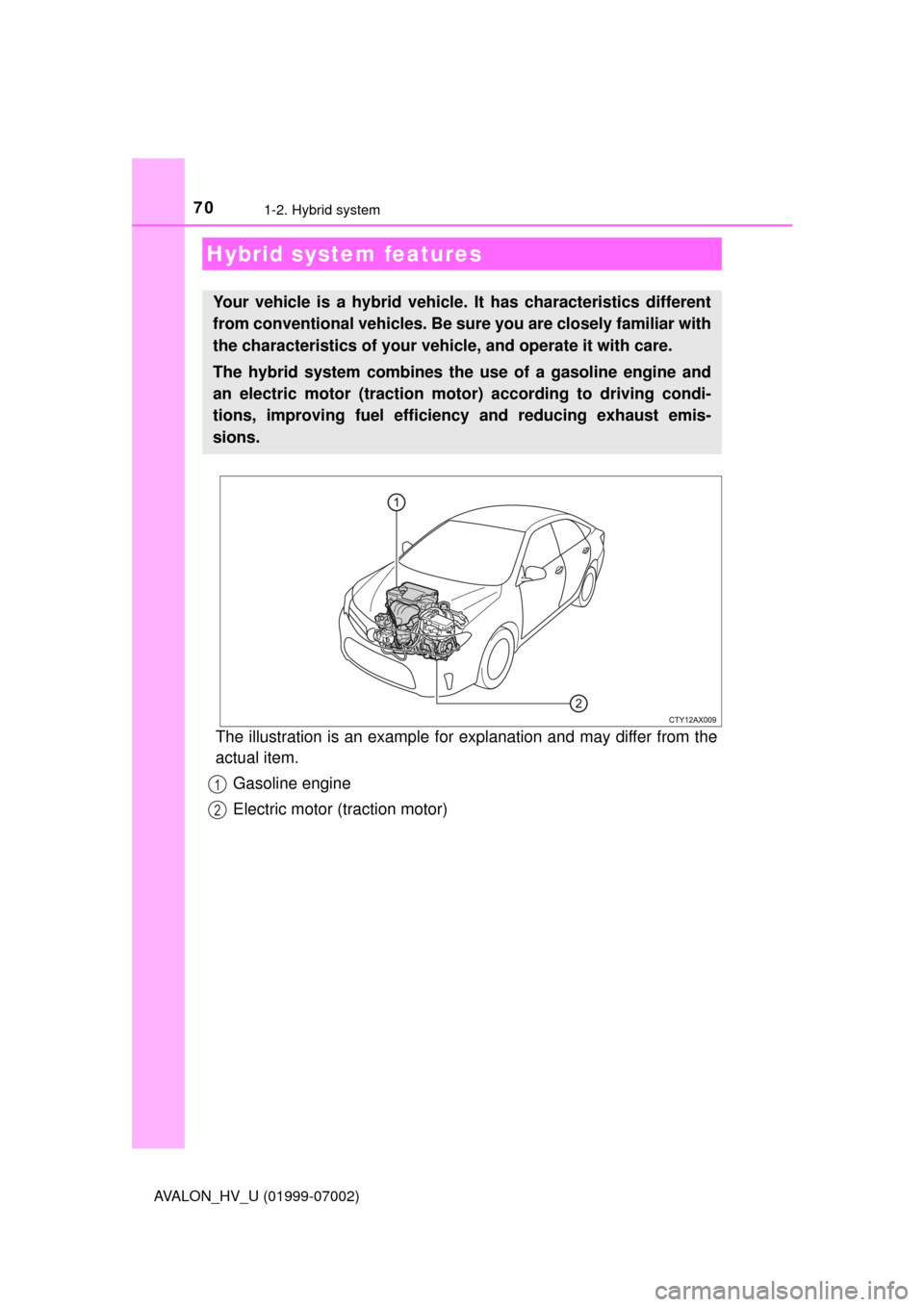 TOYOTA AVALON HYBRID 2016 XX40 / 4.G Repair Manual 70
AVALON_HV_U (01999-07002)
1-2. Hybrid system
The illustration is an example for explanation and may differ from the
actual item.Gasoline engine
Electric motor (traction motor)
Hybrid system feature