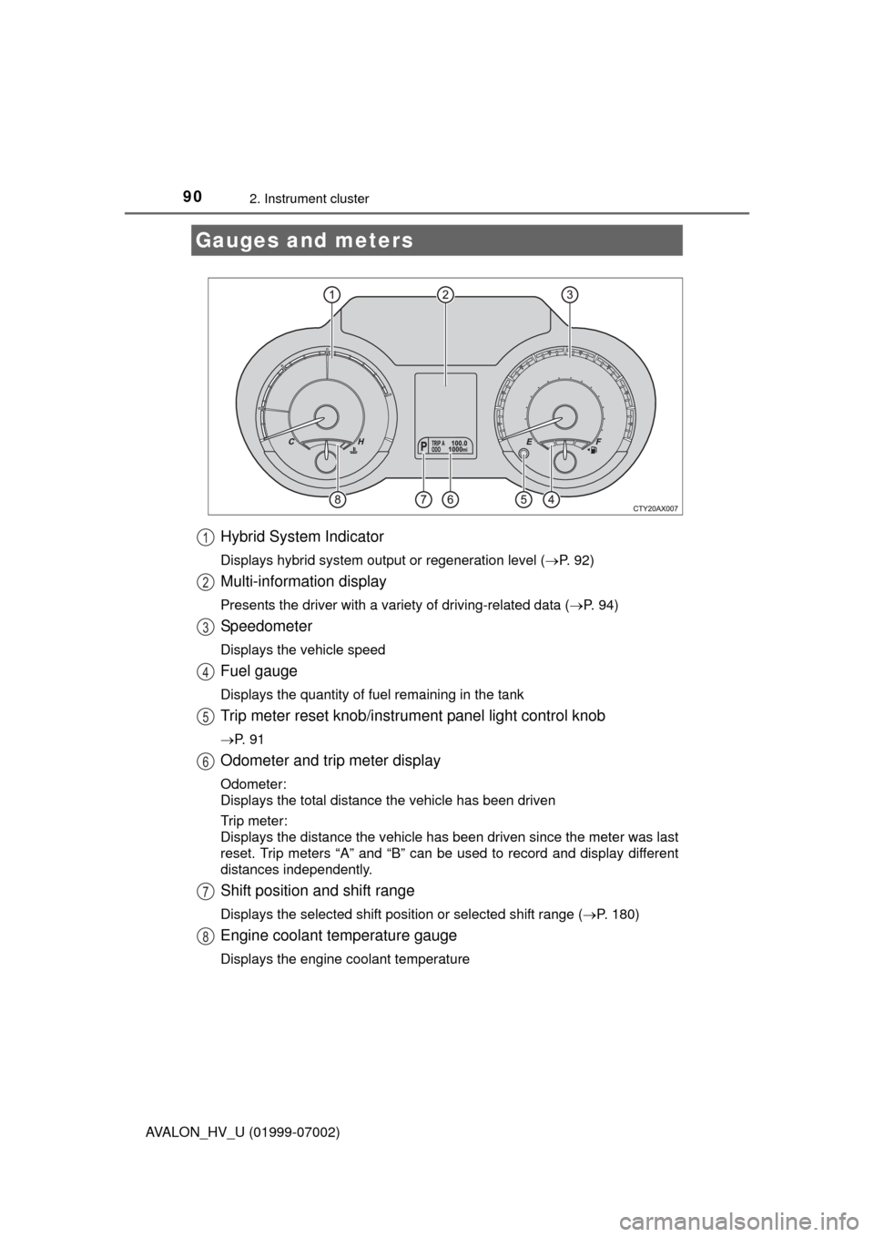 TOYOTA AVALON HYBRID 2016 XX40 / 4.G Owners Manual 902. Instrument cluster
AVALON_HV_U (01999-07002)
Hybrid System Indicator
Displays hybrid system output or regeneration level (P. 92)
Multi-information display
Presents the driver with a variety of TOYOTA AVALON HYBRID 2016 XX40 / 4.G Owners Manual 902. Instrument cluster
AVALON_HV_U (01999-07002)
Hybrid System Indicator
Displays hybrid system output or regeneration level (P. 92)
Multi-information display
Presents the driver with a variety of