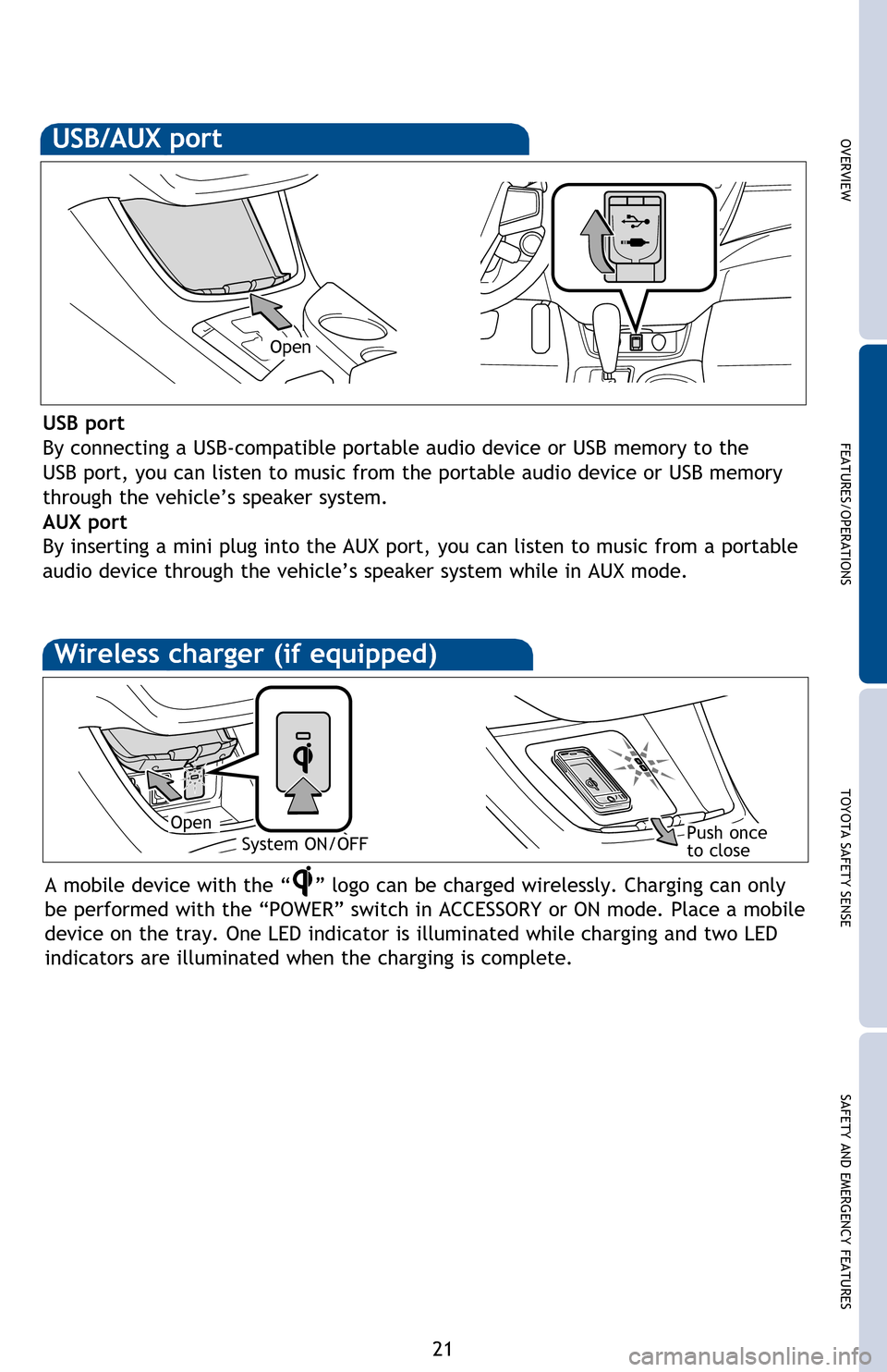 TOYOTA AVALON HYBRID 2016 XX40 / 4.G Quick Reference Guide OVERVIEW FEATURES/OPERATIONS TOYOTA SAFETY SENSE SAFETY AND EMERGENCY FEATURES
21 USB port
By connecting a USB-compatible portable audio device or USB memory to the
USB port, you can listen to music TOYOTA AVALON HYBRID 2016 XX40 / 4.G Quick Reference Guide OVERVIEW FEATURES/OPERATIONS TOYOTA SAFETY SENSE SAFETY AND EMERGENCY FEATURES
21 USB port
By connecting a USB-compatible portable audio device or USB memory to the
USB port, you can listen to music