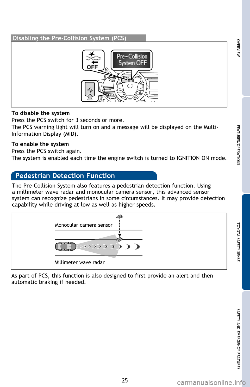 TOYOTA AVALON HYBRID 2016 XX40 / 4.G Quick Reference Guide 25
OVERVIEW FEATURES/OPERATIONS TOYOTA SAFETY SENSE SAFETY AND EMERGENCY FEATURES
Disabling the Pre-Collision System (PCS)
To disable the system
Press the PCS switch for 3 seconds or more.
The PCS w TOYOTA AVALON HYBRID 2016 XX40 / 4.G Quick Reference Guide 25
OVERVIEW FEATURES/OPERATIONS TOYOTA SAFETY SENSE SAFETY AND EMERGENCY FEATURES
Disabling the Pre-Collision System (PCS)
To disable the system
Press the PCS switch for 3 seconds or more.
The PCS w